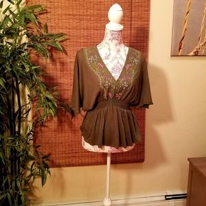 Anthropologie green khaki top boho embroidered